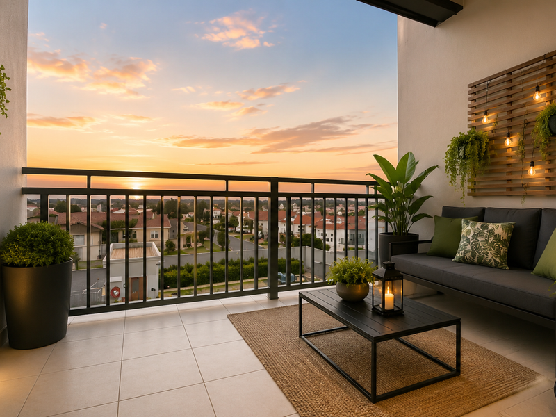 A modern covered balcony featuring tiled flooring, a metal balustrade, and ambient wall lighting, offering scenic sunset views over the surrounding residential area.