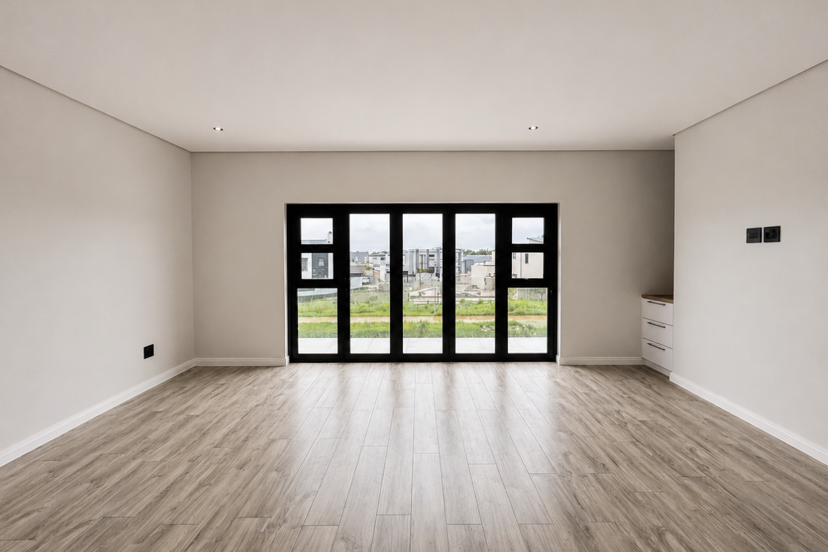 Spacious living area featuring light wood-look flooring, recessed ceiling lighting, and large black-framed folding doors opening to an outdoor view.