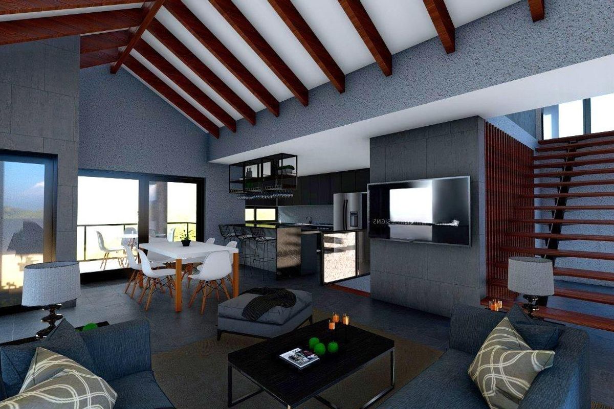 Modern open-plan living area featuring high vaulted ceilings with exposed timber beams, a sleek kitchen, and a contemporary staircase.