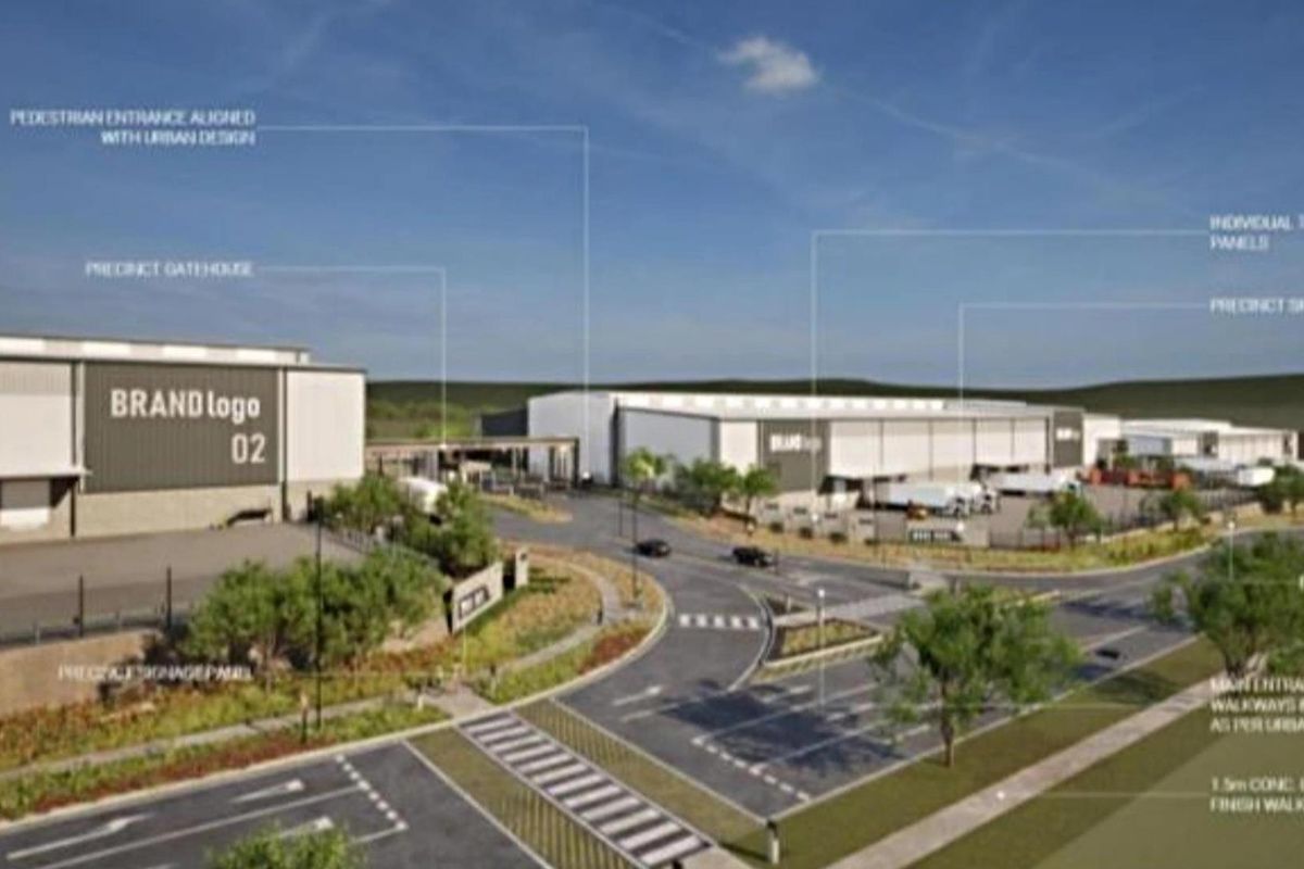 An aerial architectural rendering of an industrial precinct featuring warehouse facilities, gatehouse, paved access roads, and landscaped pedestrian walkways.