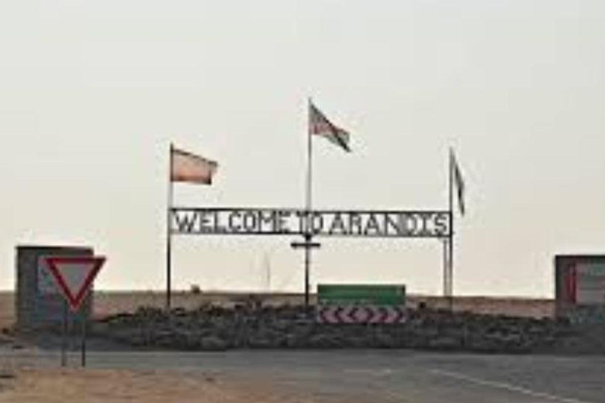 A welcome sign for the town of Arandis, located in a desert landscape.