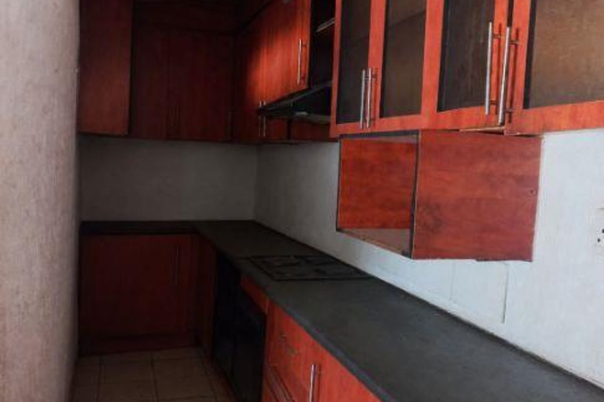 A galley-style kitchen featuring wood-look cabinetry, dark countertops, and built-in appliances, currently requiring maintenance and cosmetic updates.