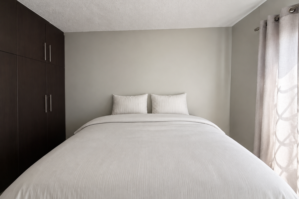 A well-maintained bedroom featuring dark built-in cupboards and neutral wall tones, providing a clean and functional sleeping space.