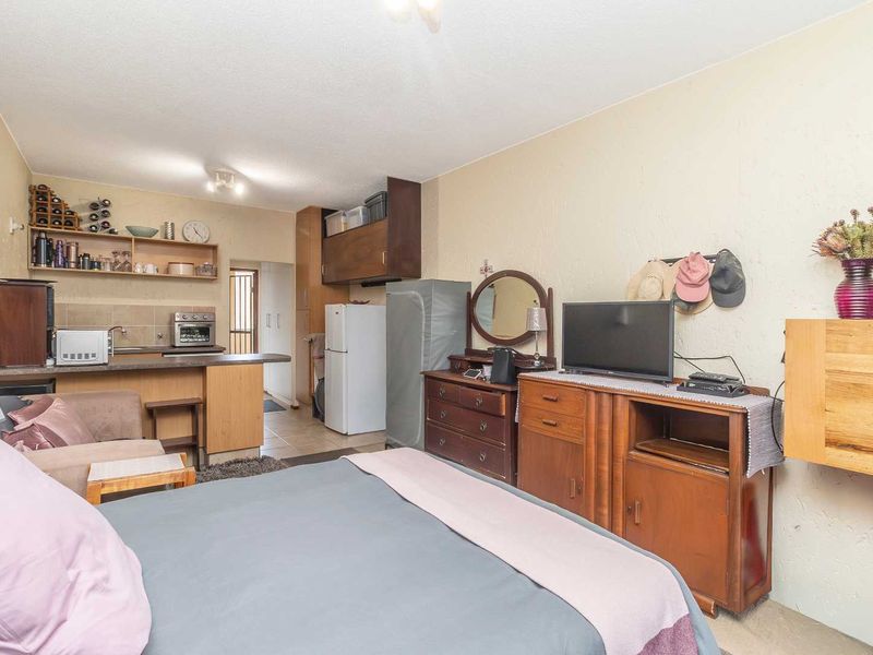 Open-plan studio apartment featuring a compact kitchenette with built-in cabinetry and tiled flooring, seamlessly integrated with the living and sleeping area.