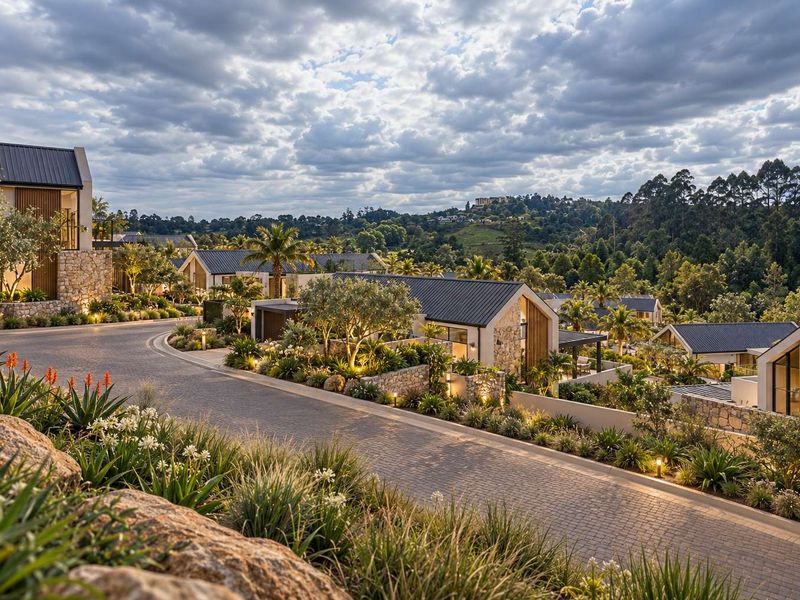 A high-end residential estate featuring modern architectural homes with stone cladding, metal roofing, and beautifully landscaped surroundings along a paved driveway.