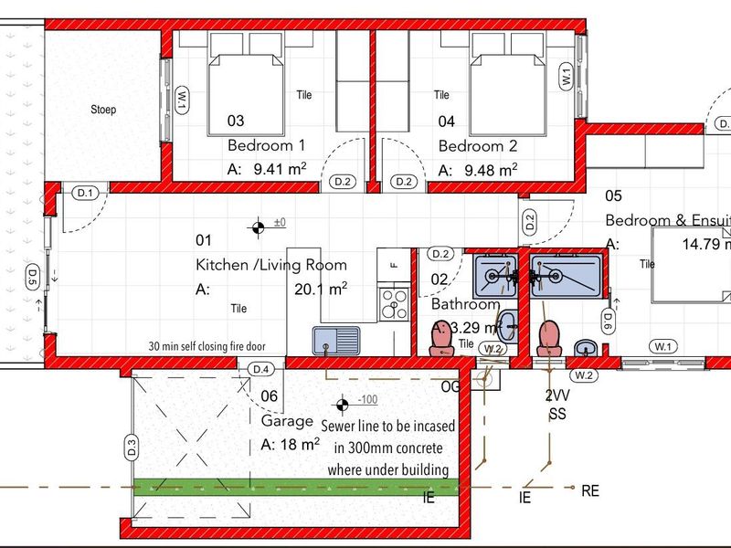 Architectural floor plan showing the layout of a townhouse including bedrooms, kitchen, living area, bathroom, and garage.