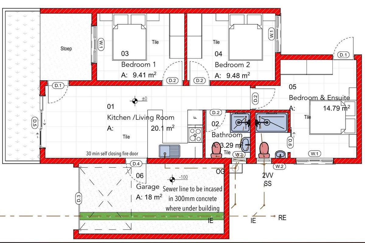 Architectural floor plan showing the layout of a townhouse including bedrooms, kitchen, living area, bathroom, and garage.