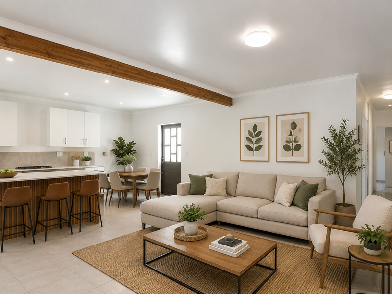 A bright, modern open-plan living and kitchen area featuring a central island, exposed timber beam, and neutral tiled flooring throughout.