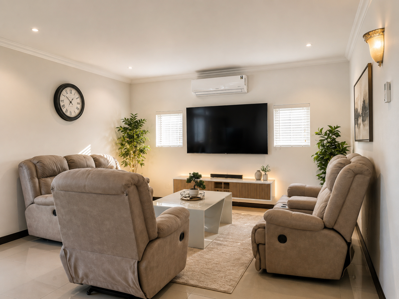 A well-appointed living room featuring a wall-mounted television, floating media console, split-system air conditioning, and modern recessed lighting.