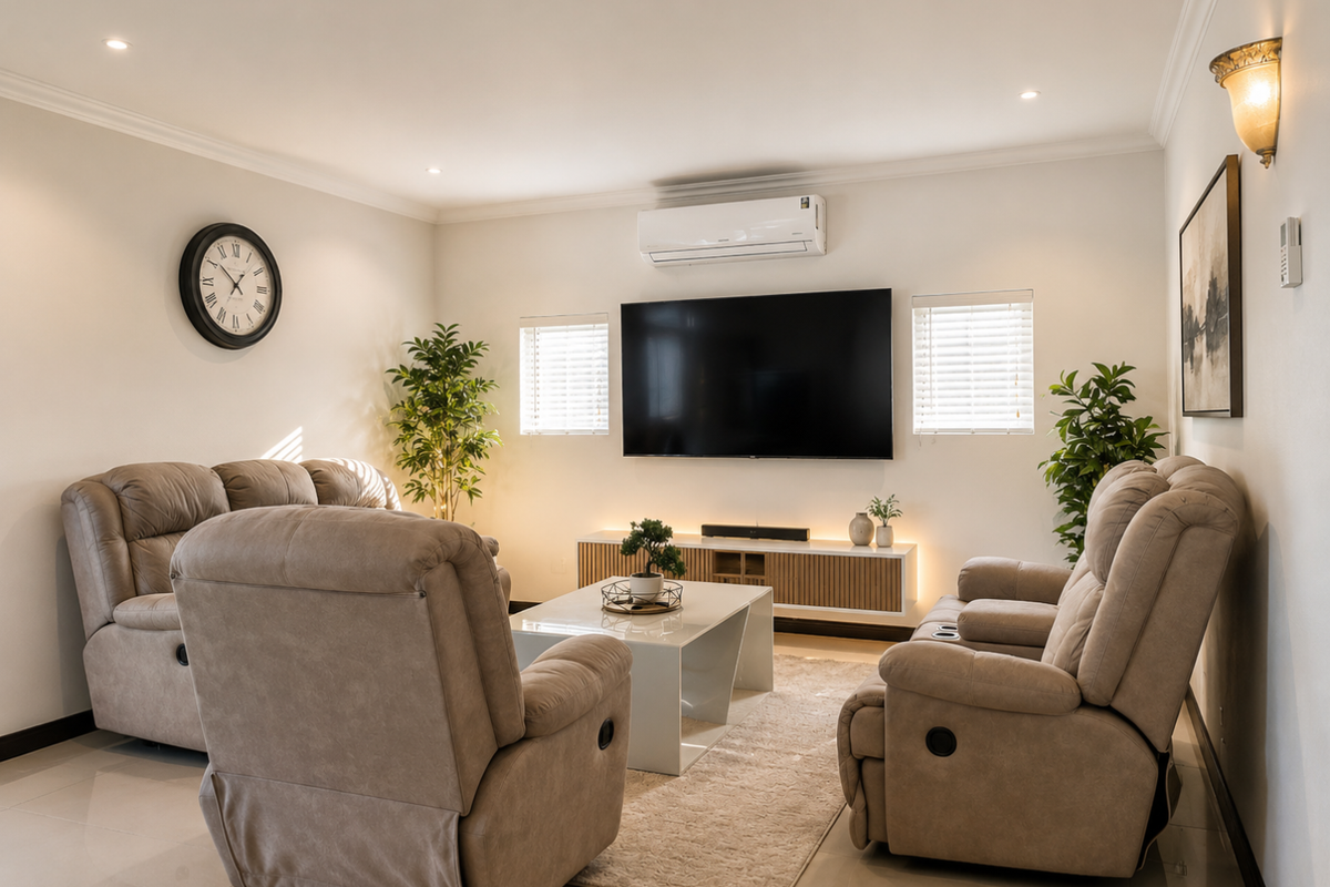 A well-appointed living room featuring a wall-mounted television, floating media console, split-system air conditioning, and modern recessed lighting.
