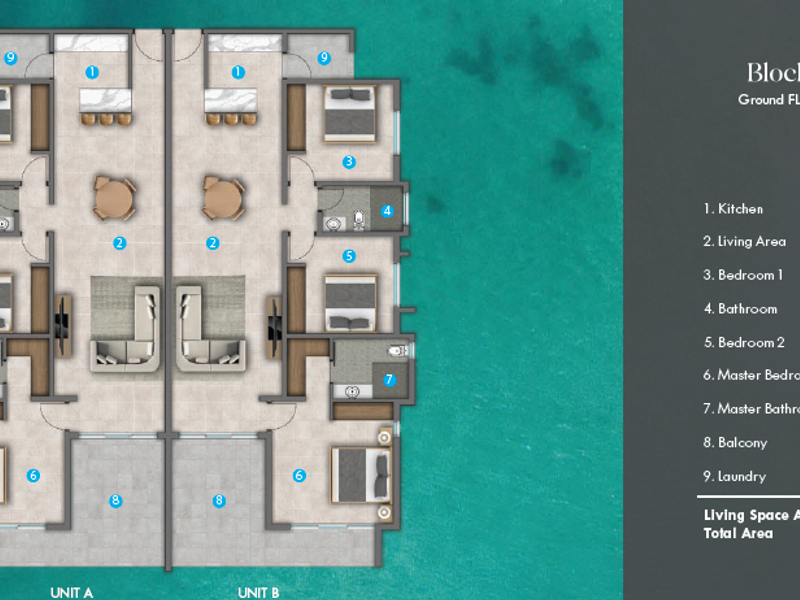 Architectural floor plan for typical ground and first floor units, detailing room dimensions and layout for a three-bedroom apartment configuration.