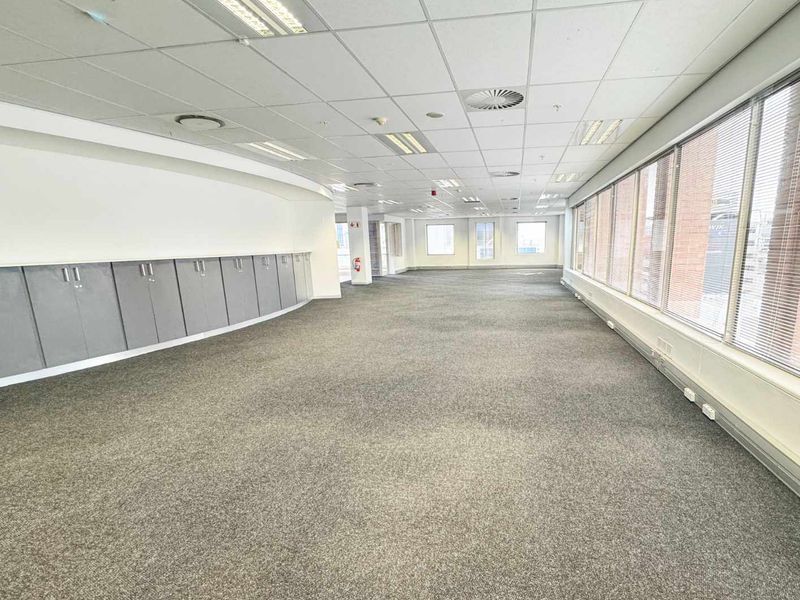 Spacious, open-plan office area featuring neutral carpeting, built-in storage cabinetry, suspended ceilings with recessed lighting, and large windows providing ample natural light.