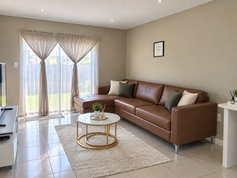 A bright and well-maintained living room featuring neutral wall tones, large sliding glass doors providing natural light, and clean ceramic floor tiles.