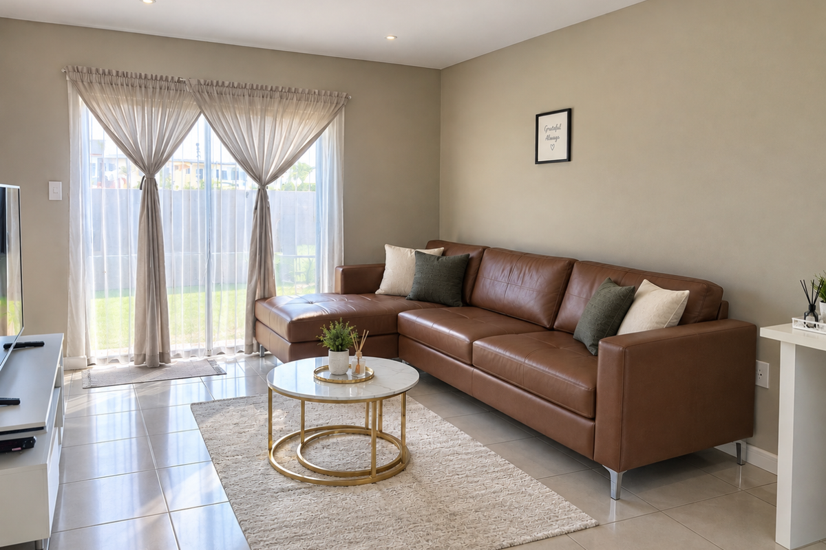 A bright and well-maintained living room featuring neutral wall tones, large sliding glass doors providing natural light, and clean ceramic floor tiles.