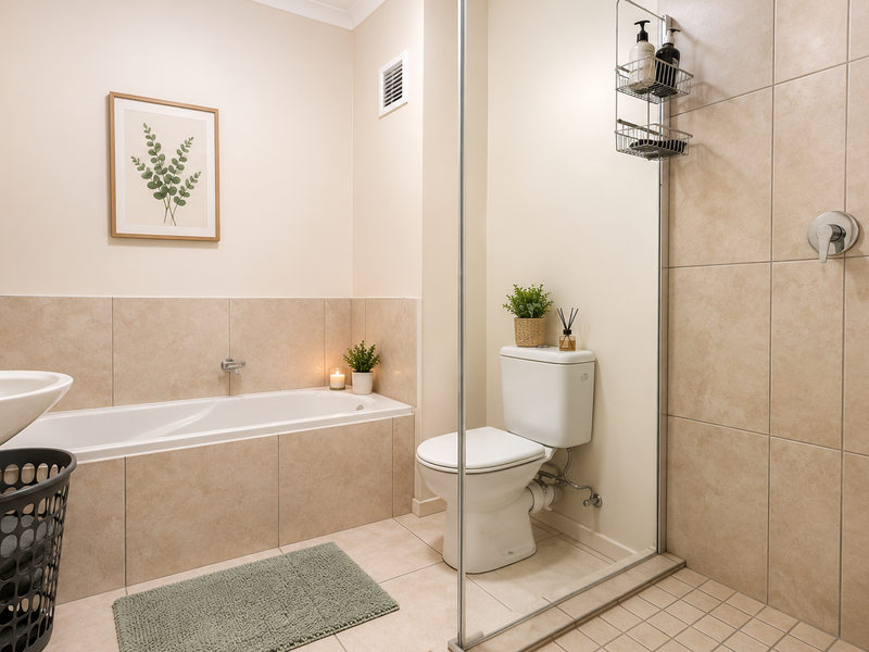 Modern bathroom featuring a pedestal basin, built-in bathtub, and a separate tiled shower enclosure with a glass screen.