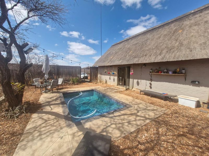 Outdoor pool area featuring a small swimming pool, paved surround, and a thatched-roof structure with sliding door access.