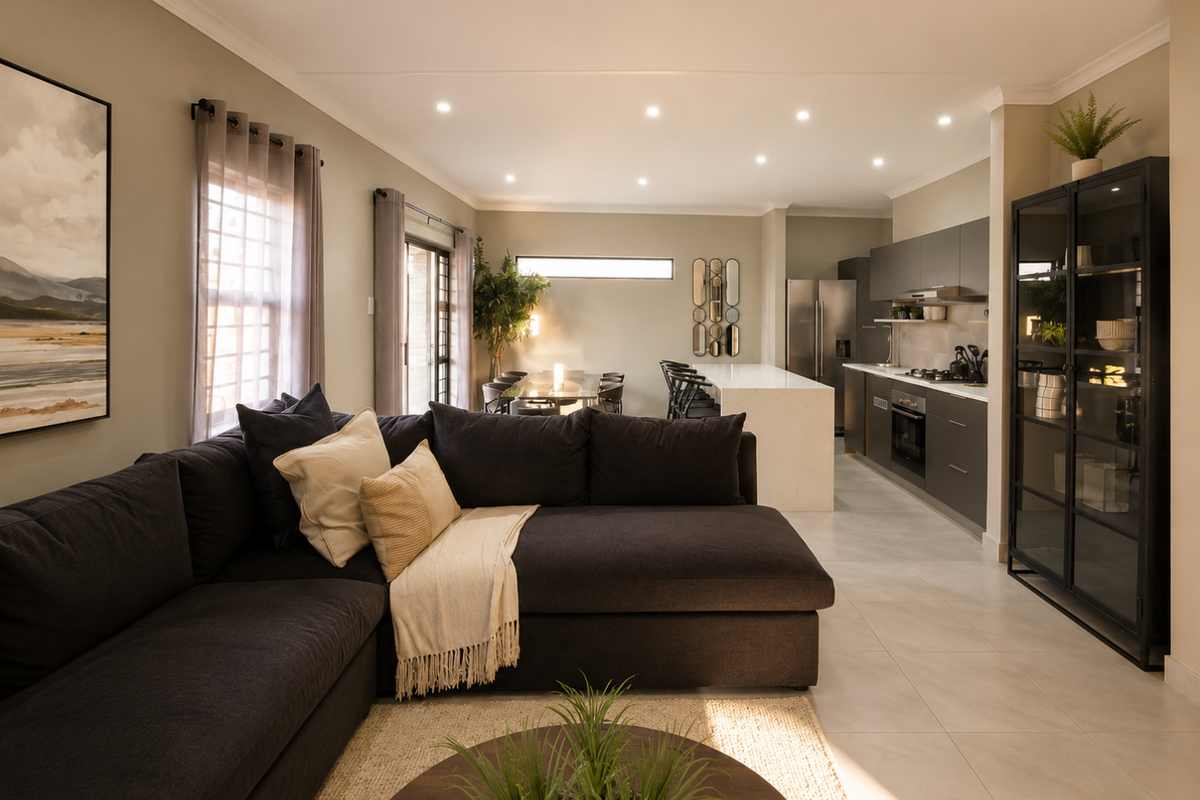 Modern open-plan living area featuring a sleek kitchen with integrated cabinetry, stone island, and recessed lighting, seamlessly flowing into the dining and lounge space.