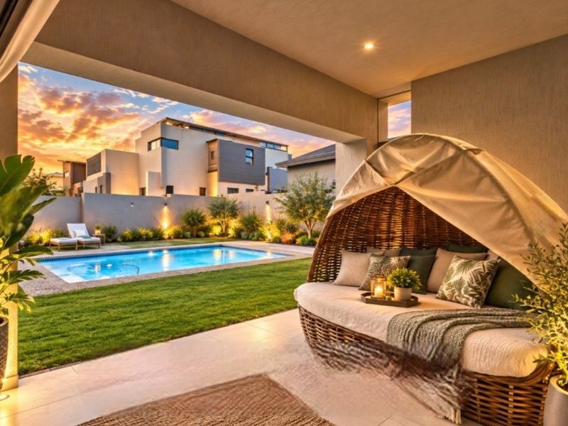 A covered patio overlooking a well-maintained garden and swimming pool area, featuring tiled flooring and integrated lighting, perfect for outdoor relaxation.