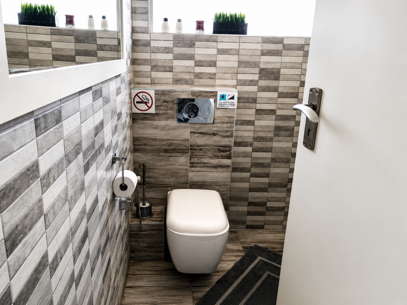 Modern bathroom featuring a wall-mounted toilet with a concealed cistern, stylish grey-toned tiled walls, and a large mirror.