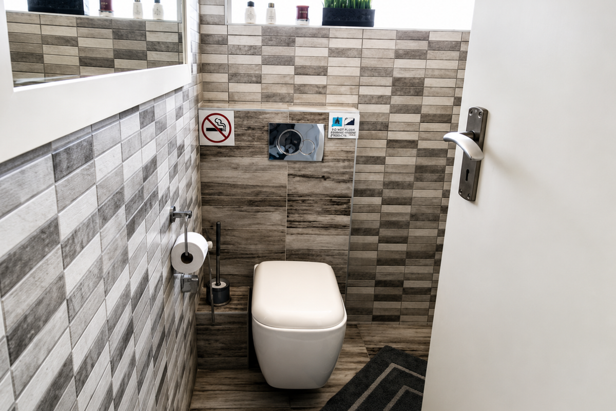 Modern bathroom featuring a wall-mounted toilet with a concealed cistern, stylish grey-toned tiled walls, and a large mirror.