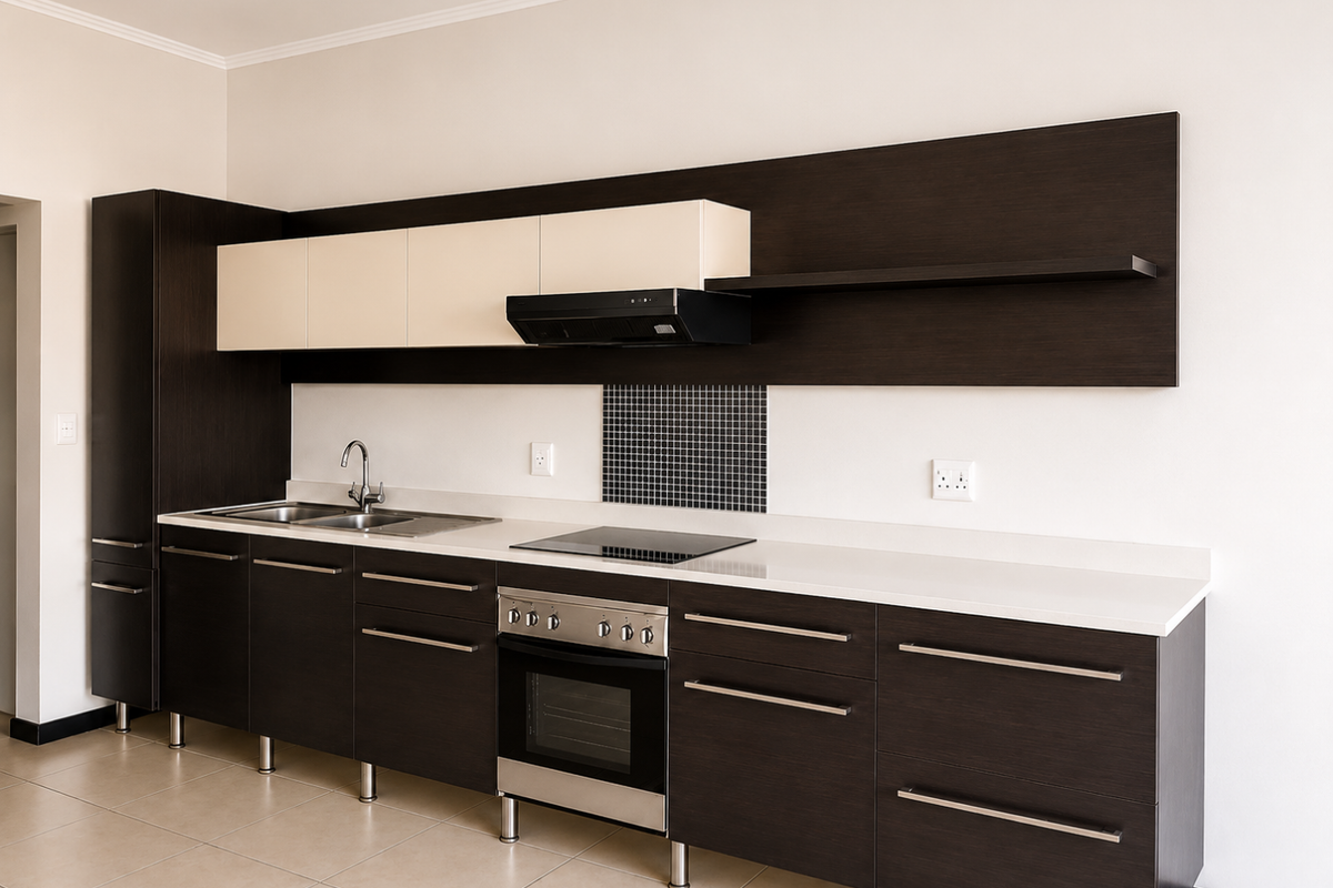 Modern kitchen featuring dark wood cabinetry, contrasting cream upper cabinets, stone countertops, integrated stainless steel appliances, and a tiled backsplash.