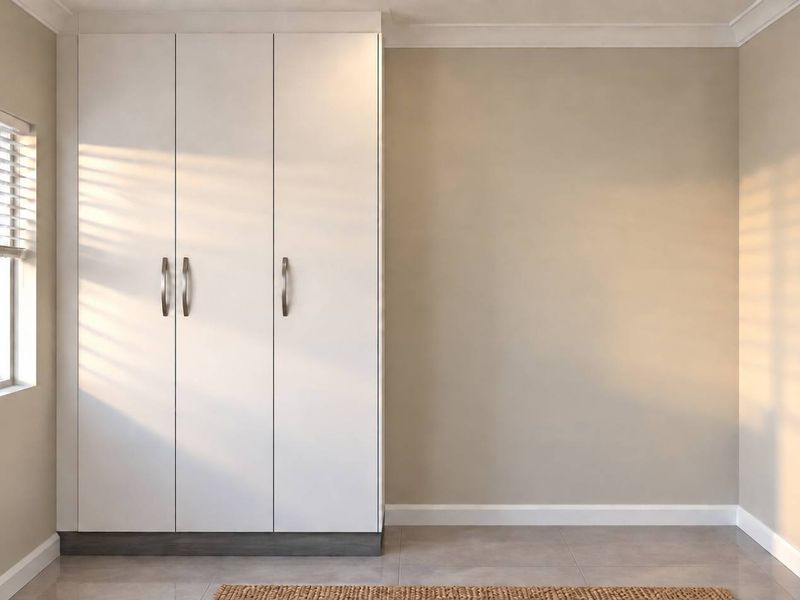 A bright, empty bedroom featuring modern built-in wardrobes, neutral wall finishes, tiled flooring, and coving detail.