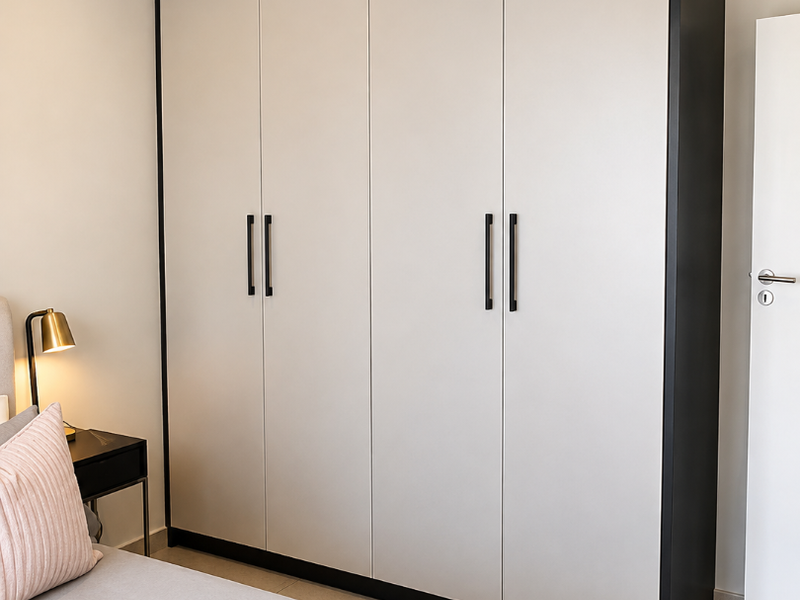 A well-maintained bedroom featuring a modern, floor-to-ceiling built-in wardrobe with a contrasting black frame and light-toned doors.