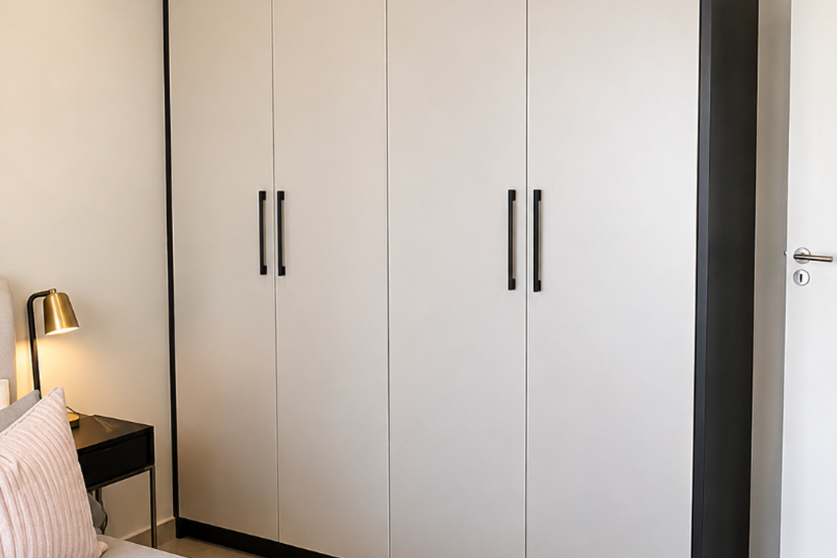 A well-maintained bedroom featuring a modern, floor-to-ceiling built-in wardrobe with a contrasting black frame and light-toned doors.