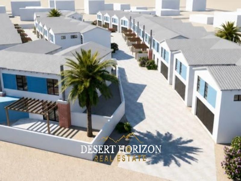 An aerial 3D render of a townhouse complex featuring multiple units with pitched roofs, private pergolas, and secure boundary walls.