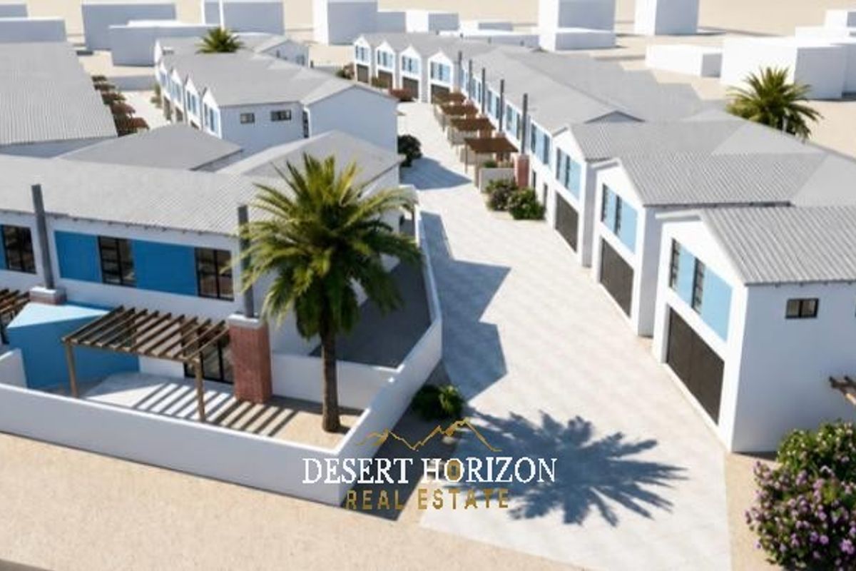 An aerial 3D render of a townhouse complex featuring multiple units with pitched roofs, private pergolas, and secure boundary walls.