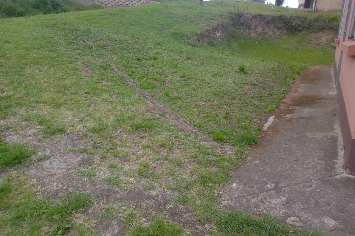 A view of the rear exterior area featuring a concrete pathway and a sloped, grassed yard space.