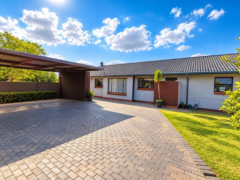 A well-maintained front exterior featuring a spacious paved driveway, a covered carport, and a neat garden area with a secure boundary wall.