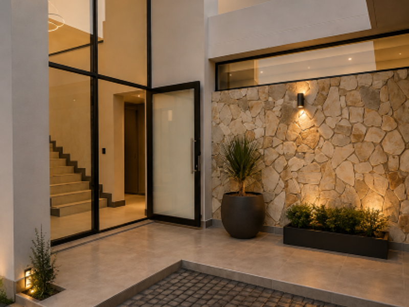 Modern entrance featuring a double-volume glass facade, stone cladding, and a paved patio area with integrated lighting.