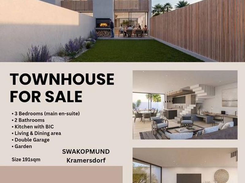 A rear view of a modern townhouse featuring a private garden, paved patio area, and built-in braai, ideal for outdoor entertaining.
