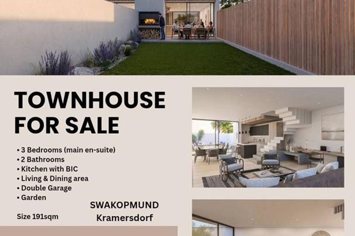 A rear view of a modern townhouse featuring a private garden, paved patio area, and built-in braai, ideal for outdoor entertaining.