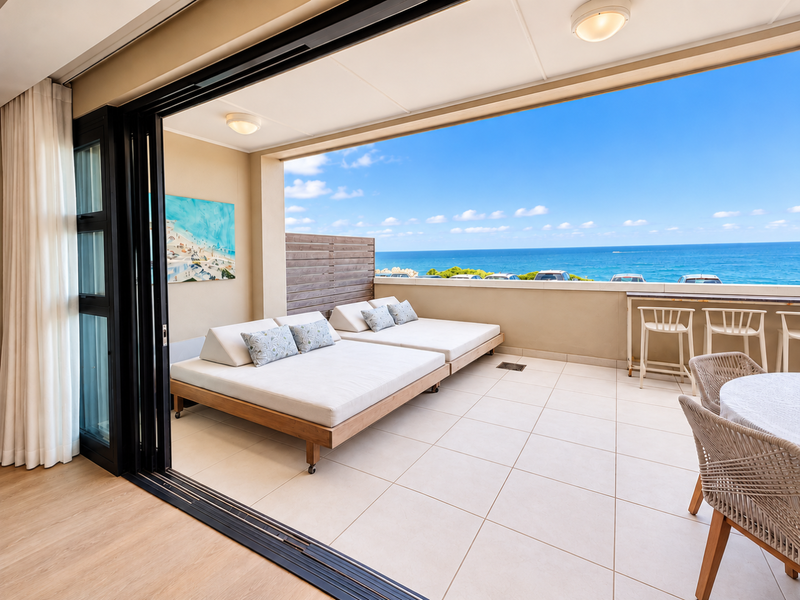 Spacious covered balcony featuring tiled flooring, a built-in bar counter, and expansive ocean views, seamlessly connected to the interior via large sliding glass doors.