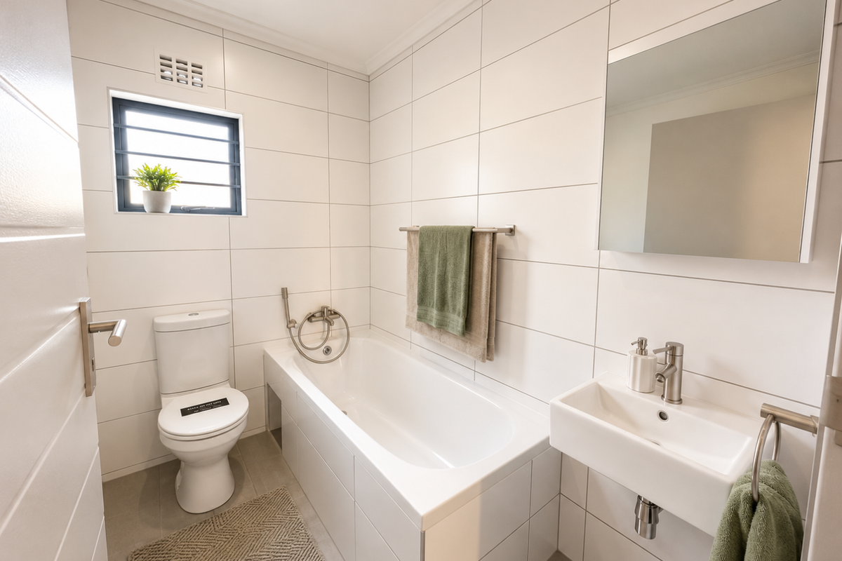 A modern, well-maintained bathroom featuring white wall tiles, a built-in bathtub with shower mixer, a wall-mounted basin, and a toilet.