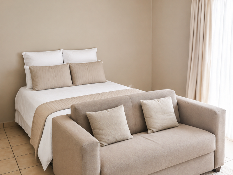 A bedroom featuring neutral wall tones, tiled flooring, and access to natural light through a window with installed curtain tracks.