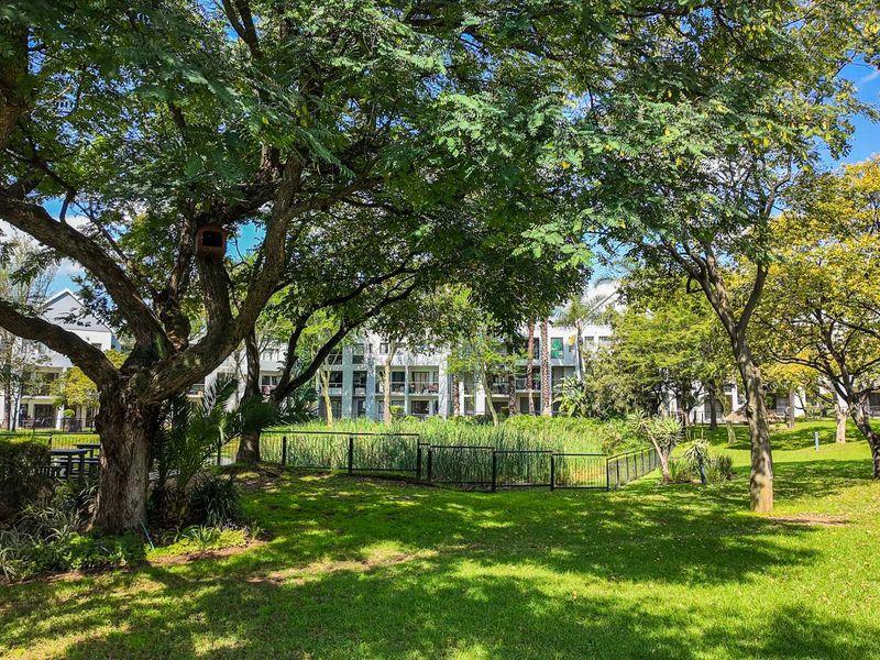 A well-maintained communal garden area featuring mature trees, lush green lawn, and a fenced pond, providing a peaceful outdoor space for residents.