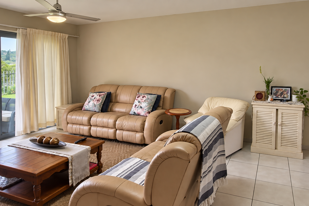 Spacious living room featuring tiled flooring, a ceiling fan, and large sliding glass doors that open onto a private patio and garden area.