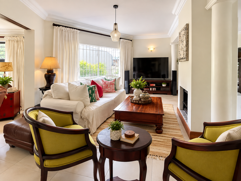 A well-maintained living room featuring crown molding, decorative columns, tiled flooring, and a built-in fireplace, creating a comfortable and inviting atmosphere.