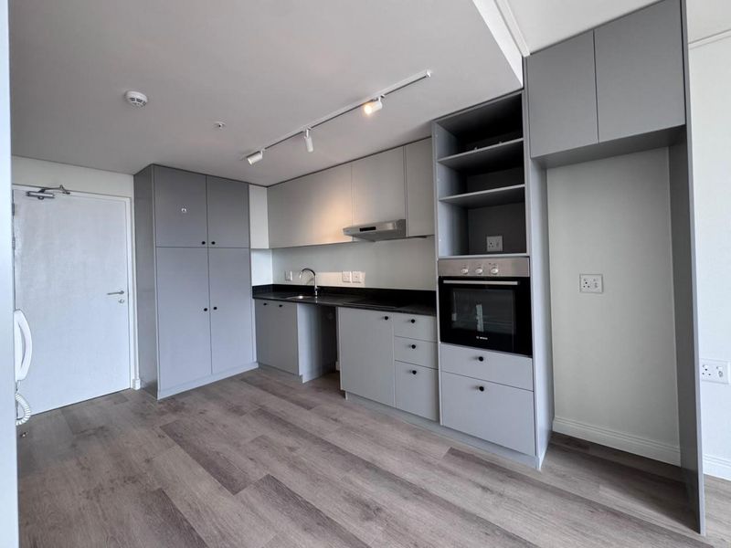 Modern kitchen featuring sleek grey cabinetry, built-in oven, extractor fan, and durable laminate flooring in an open-plan layout.