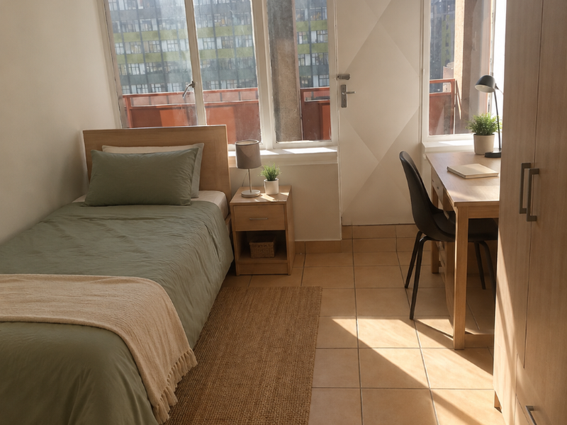 A bright bedroom featuring tiled flooring, a built-in wardrobe, and large windows providing natural light and access to a balcony.