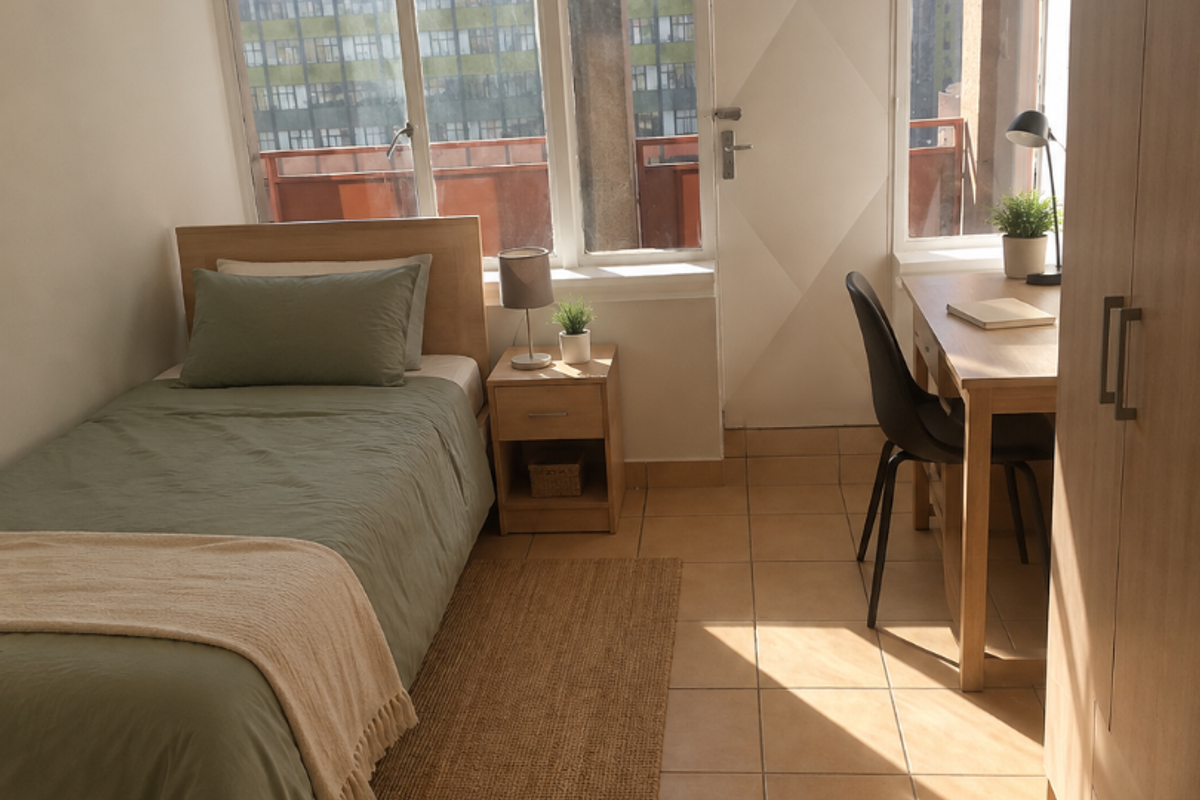 A bright bedroom featuring tiled flooring, a built-in wardrobe, and large windows providing natural light and access to a balcony.