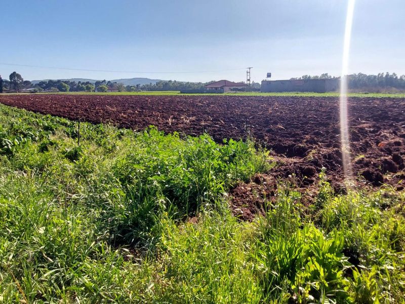 A wide-angle view of an expansive ploughed agricultural field on a farm, featuring open land and a dirt access path.