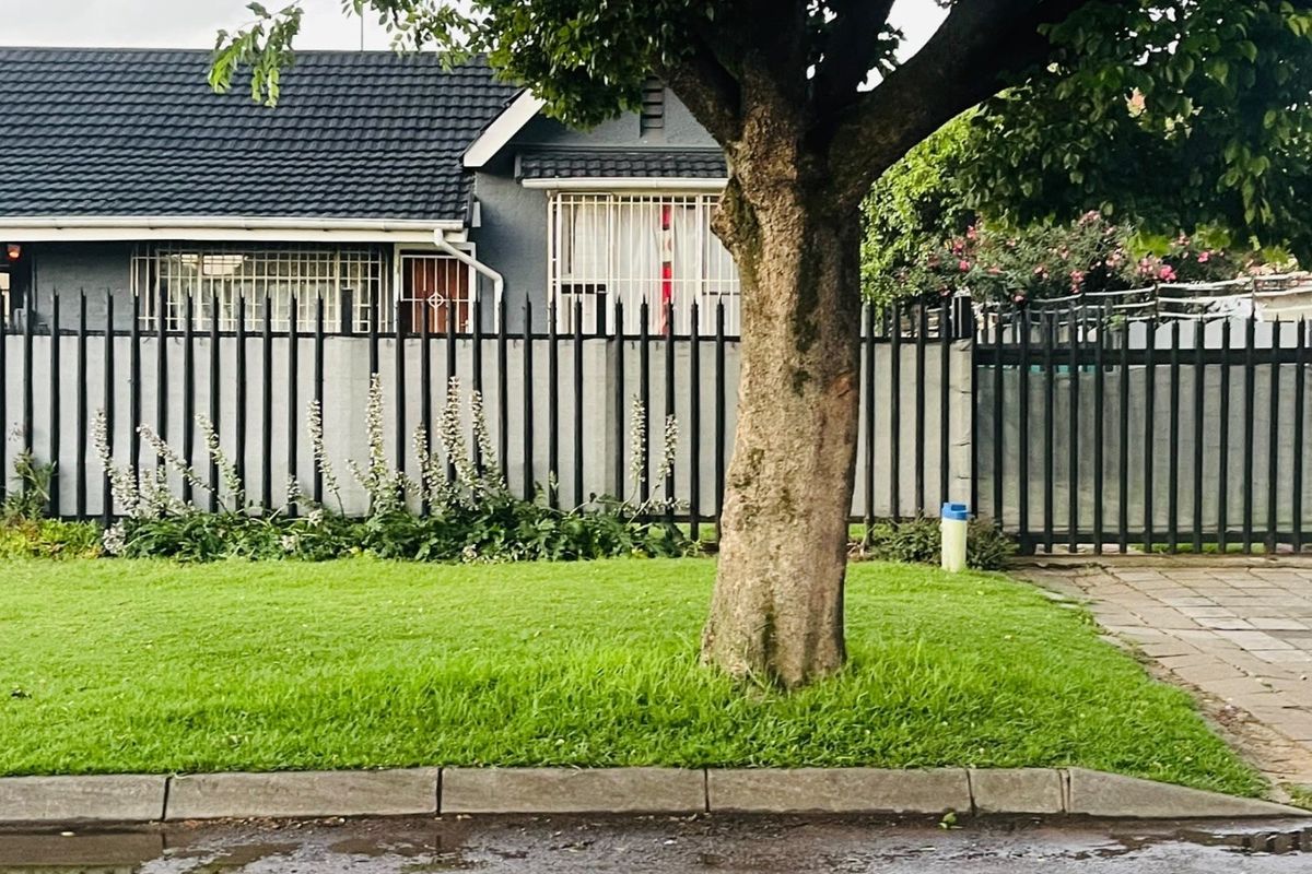 Front view of the property featuring a manicured lawn, mature tree, and secure metal perimeter fencing with a gated driveway entrance.