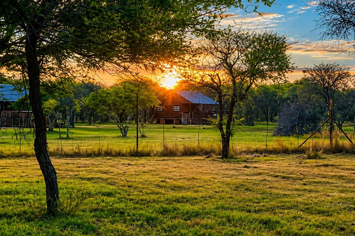 A scenic view of timber-clad farm buildings set within a lush, grassy landscape at sunset, featuring elevated decks and mature trees.