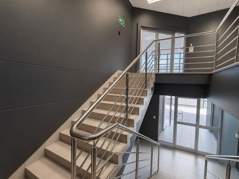 Modern office entrance featuring a tiled staircase with stainless steel balustrades, glass doors, and contemporary dark grey wall finishes.