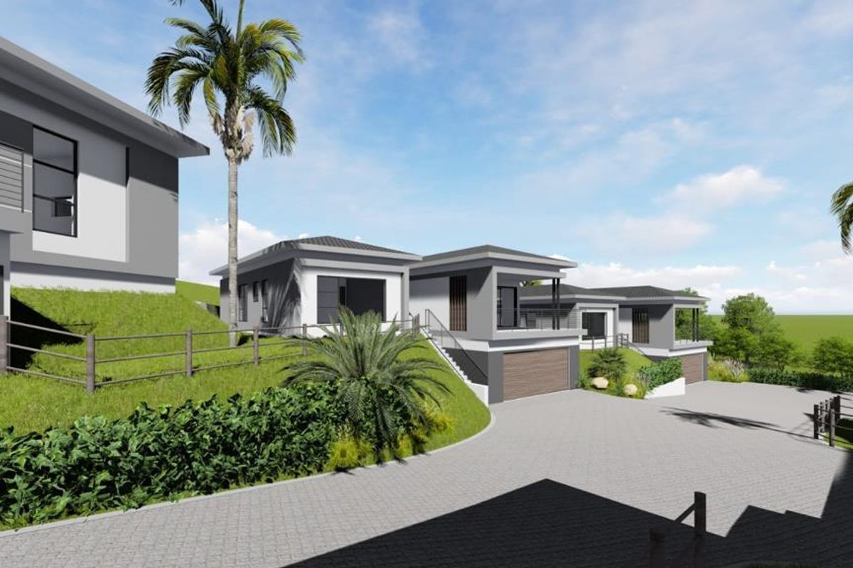 A digital architectural rendering showing a modern residential development with paved driveways, integrated garages, and landscaped grounds.