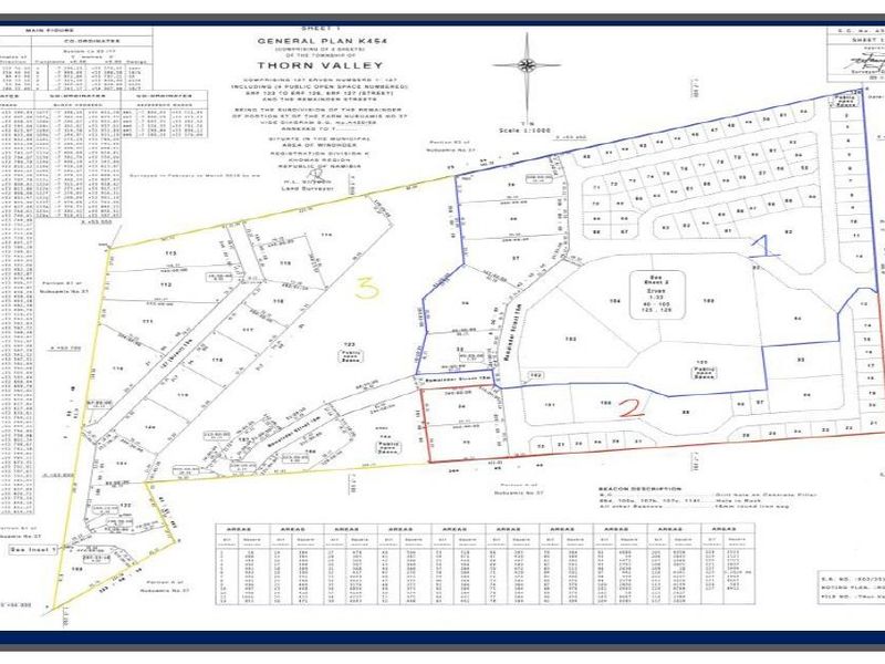 A detailed general plan for the Thorn Valley township, outlining land subdivisions, street layouts, and erf numbering for the agricultural property.
